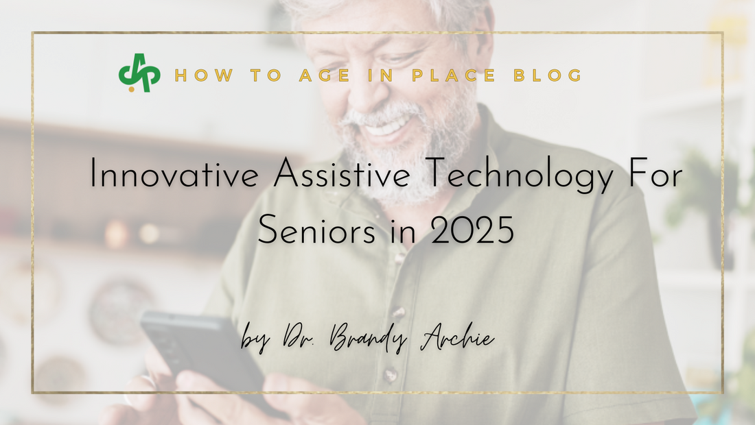 Older woman with a cellphone pictured as the cover for blog post titledinnovative assistive technology for seniors in 2024 blog post written by Dr. brandy Archie with AskSAMIE