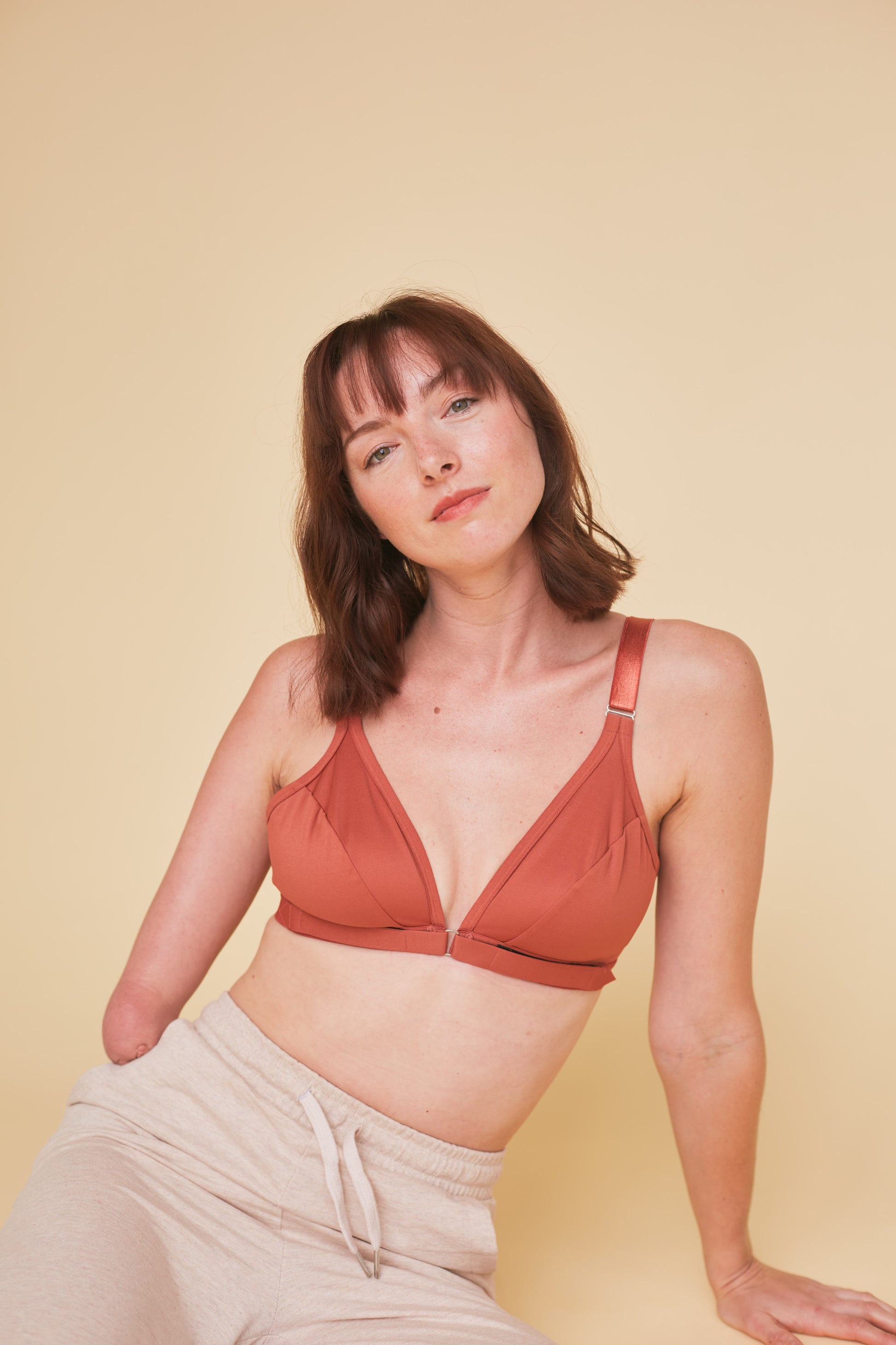 Easy-On Mobility Bra | Springrose® woman wearing terracotta bra from AskSAMIE  