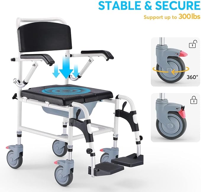 Drop Arm Rolling Commode Shower Chair from AsklSAMIE featuring stability and weight capactiy of 300lbs