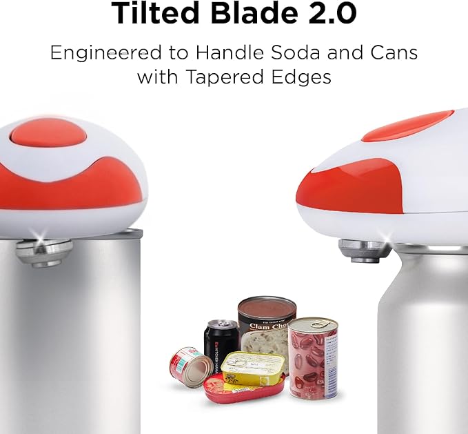 Automatic Electric Can Opener Red featuring tilted blade to open cans with tapered edges from AskSAMIE