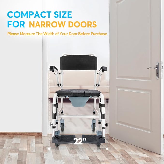 Drop Arm Rolling Commode Shower Chair from AsklSAMIE going through narrow doors 22"