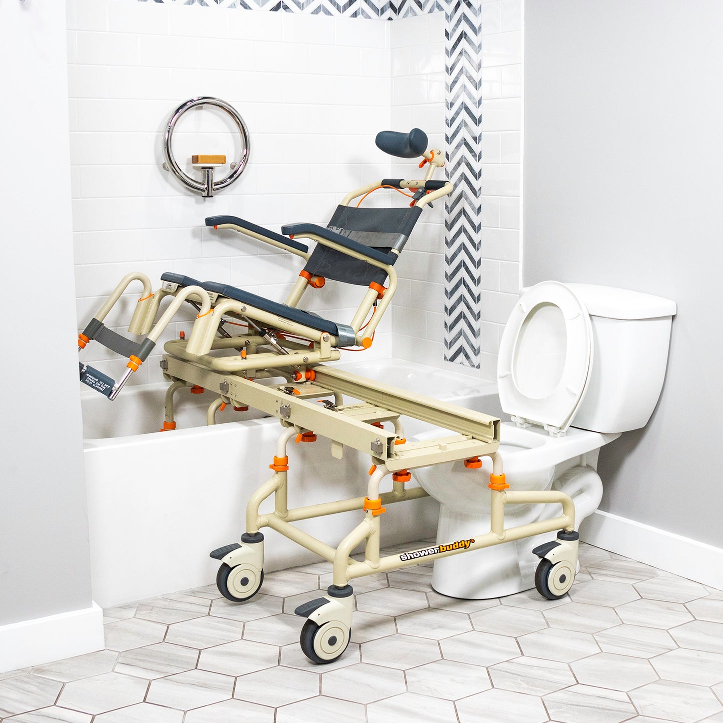 Tub Buddy Shower Chair Over the Bath with Tilt