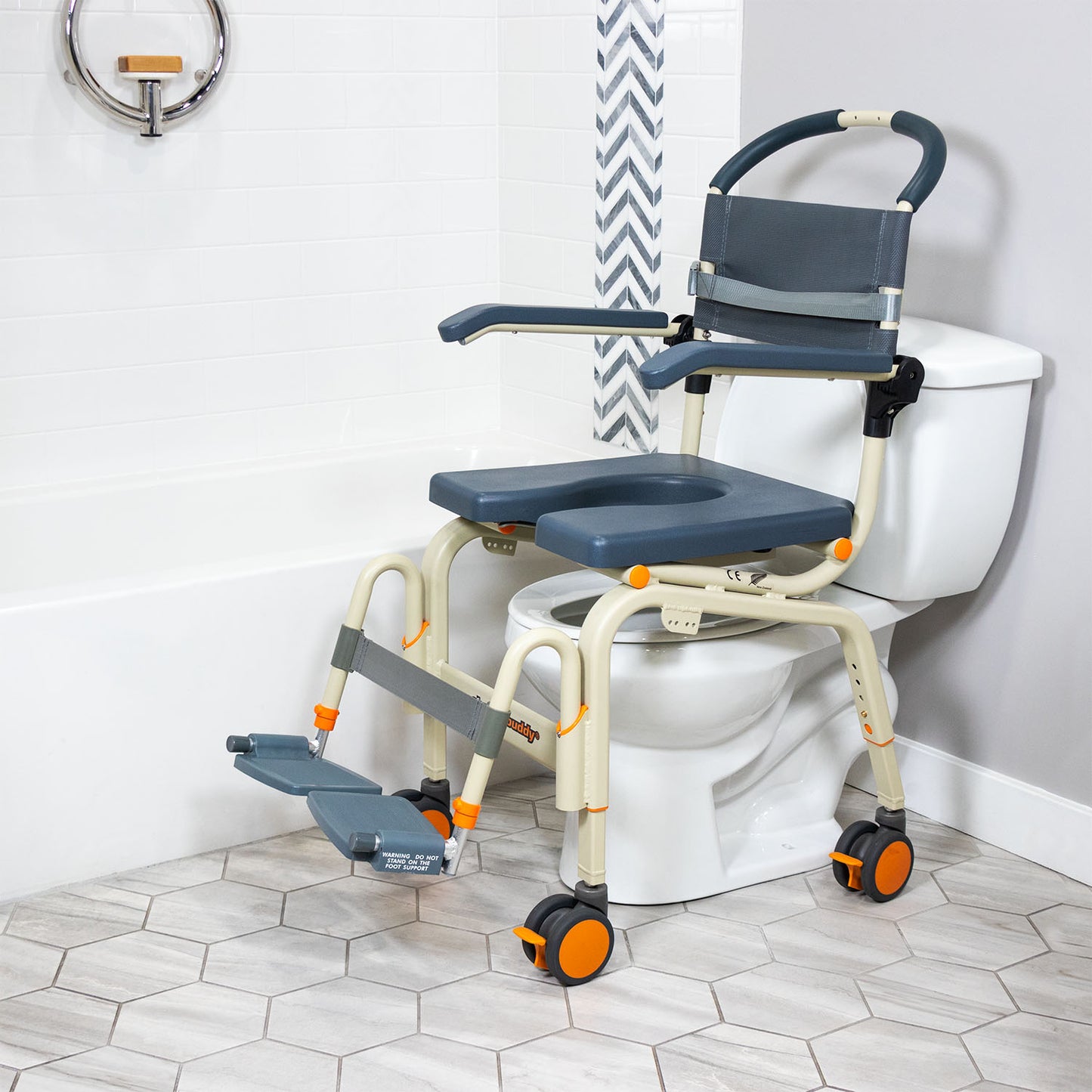 Roll-In shower chair set up in toilet seat from AskSAMIE