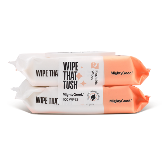 Wipe that tush flushable wipes shown in package 2 packs | wipes for incontinence and hygiene by MightyGood, for sale at AskSAMIE