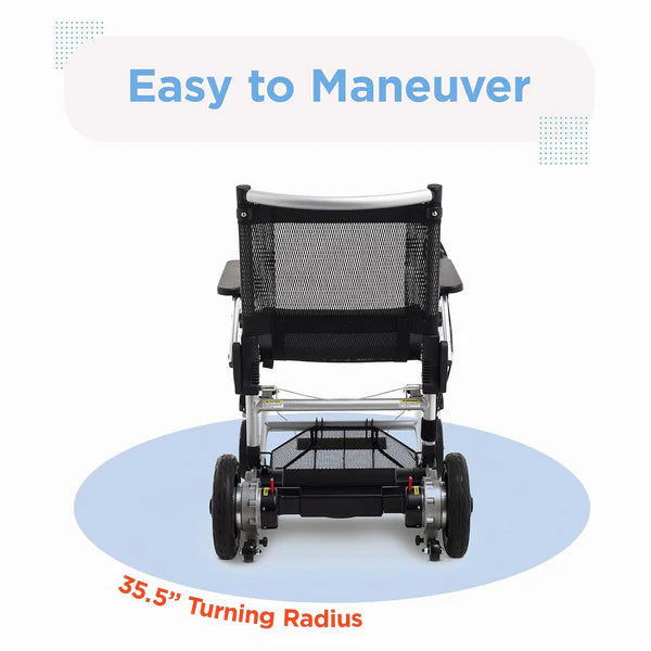 Zoomer - Lightweight Folding Power Wheelchair back view with illustration of its turning radius of 35.5" from AskSAMIE