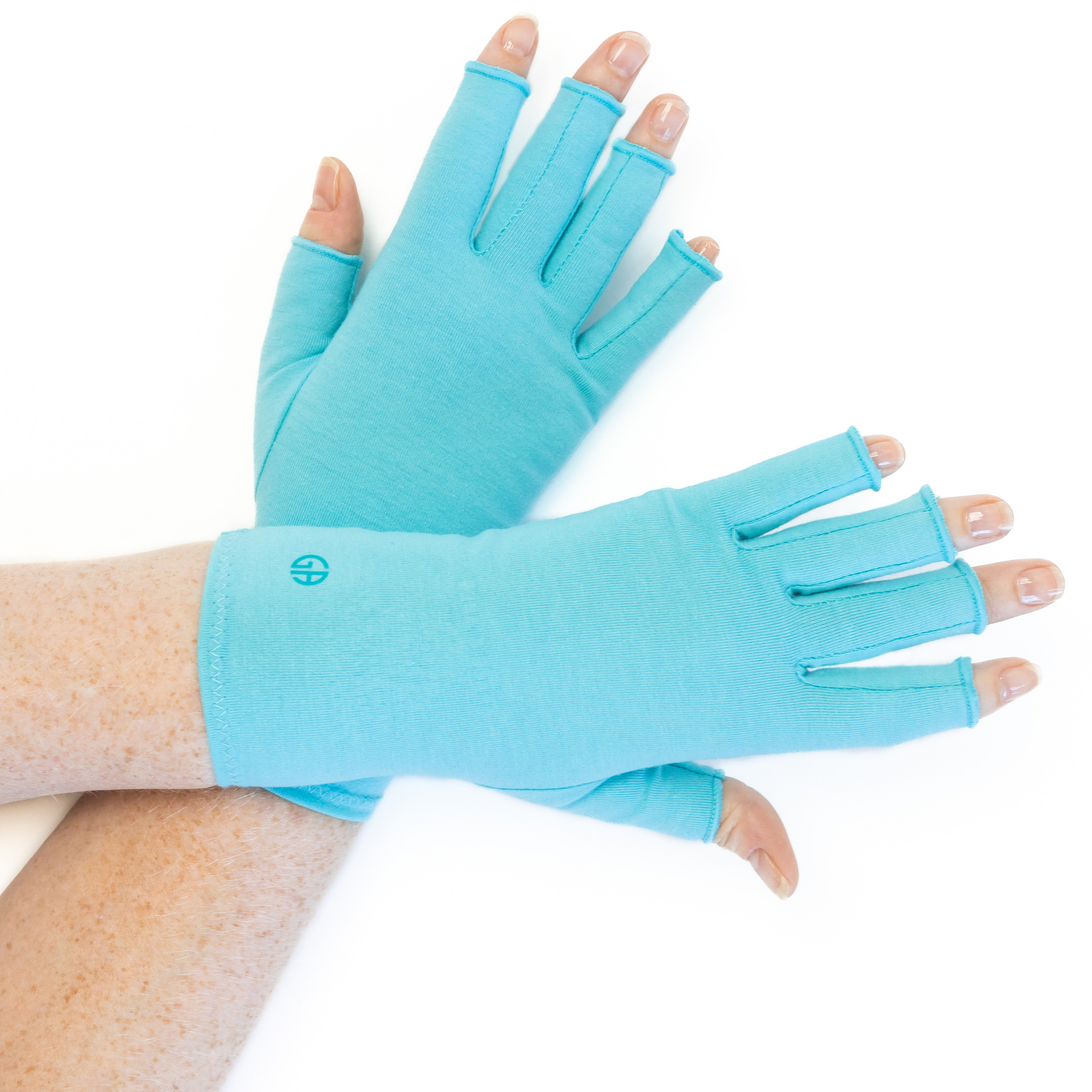 Compression Gloves by Grace & Able from AskSAMIE Aqua Blue in 2 hands