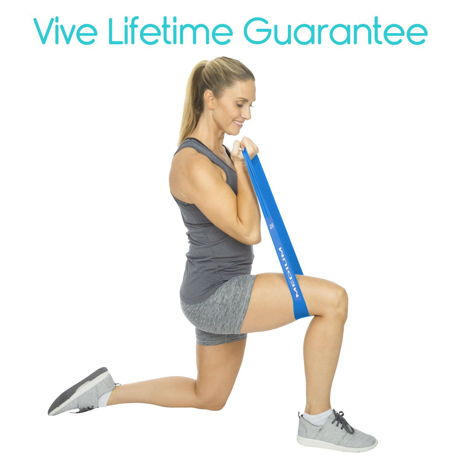 woman in kneeling position using Loop Resistance Band looped in her knee stretching up from AskSAMIE