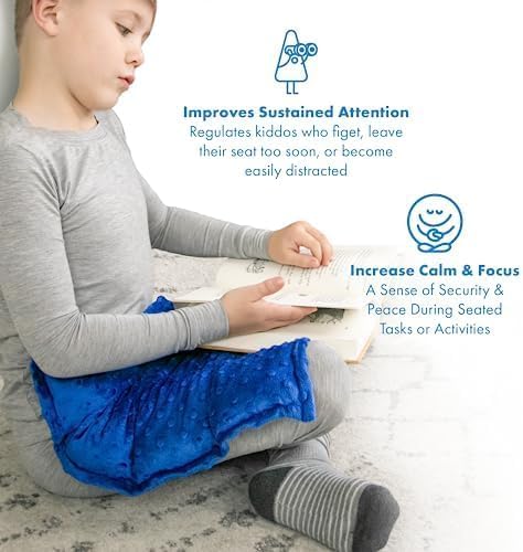 Child with Weighted Lap Pad in use while reading from AskSAMIE
