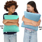 children hugging Pressure-activated Vibrating Massage Pillow showing back and front sides of each from AskSAMIE