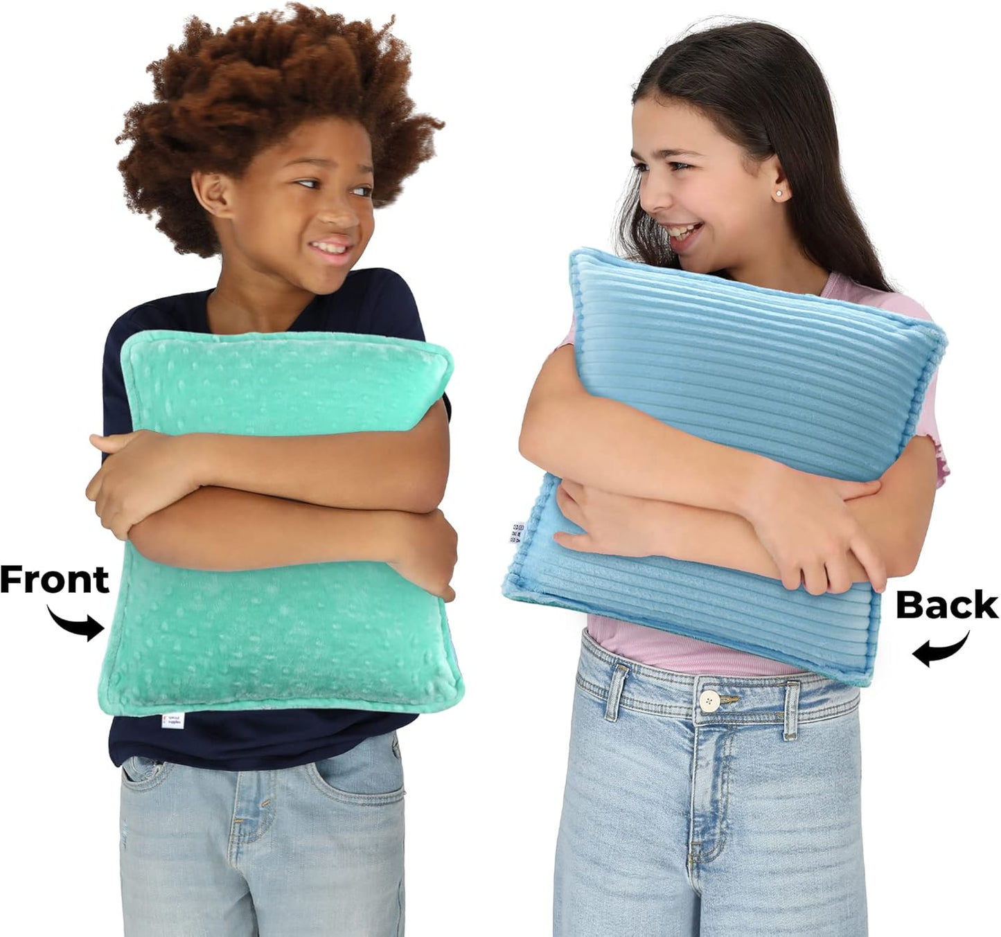 children hugging Pressure-activated Vibrating Massage Pillow showing back and front sides of each from AskSAMIE